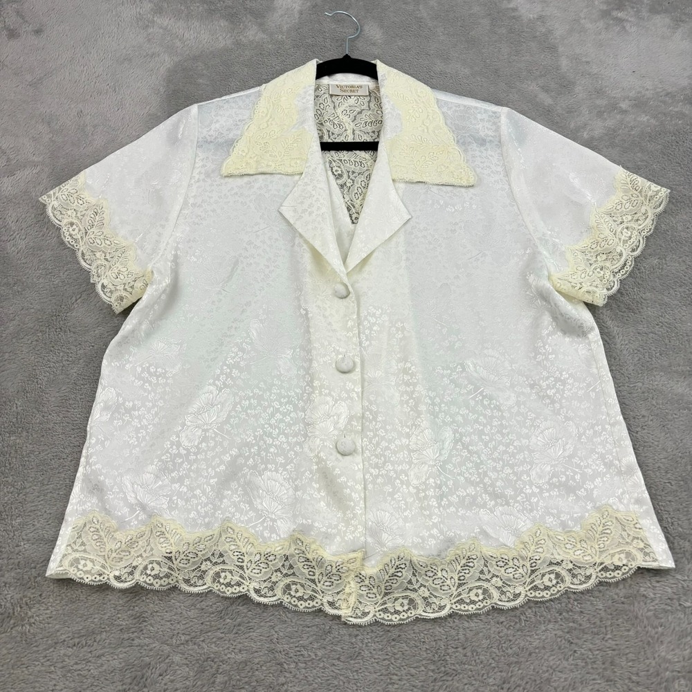 Victoria Secret Lace Trim Flocked Satin Button Up Top Womens S White Cottagecore